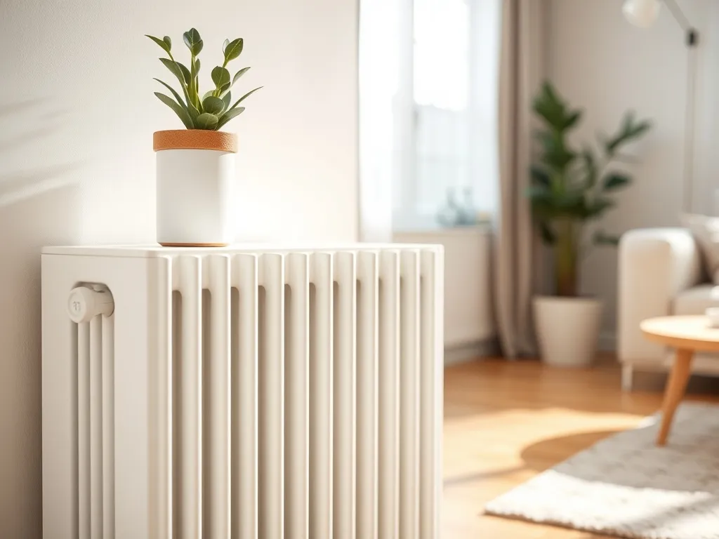 Nowoczesny biały kaloryfer z ukrytymi rurami za drewnianą osłoną w jasnym, skandynawskim salonie z rośliną w doniczce.