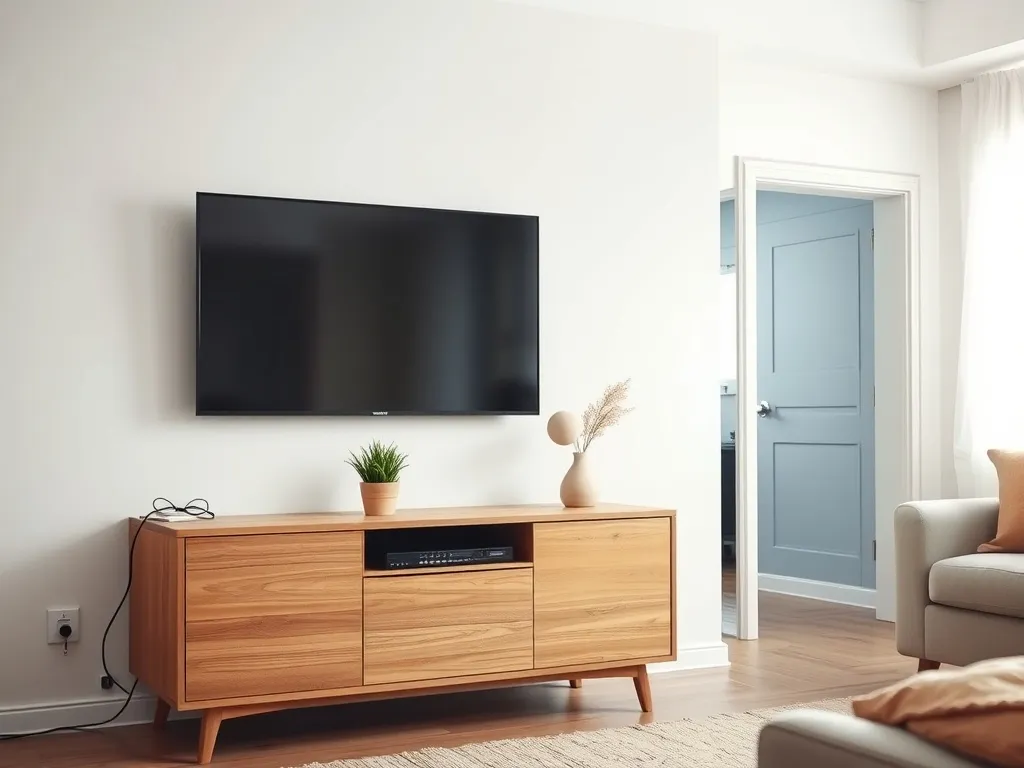 Minimalistyczny salon w stylu skandynawskim z telewizorem na ścianie i szafką RTV, wszystkie kable dyskretnie ukryte.