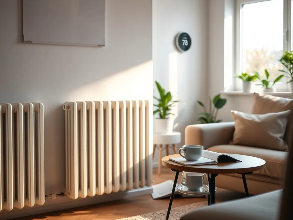 Przytulny salon z prostym grzejnikiem, termostatem smart i ciepłym światłem, symbolizujący komfort taniego ogrzewania.