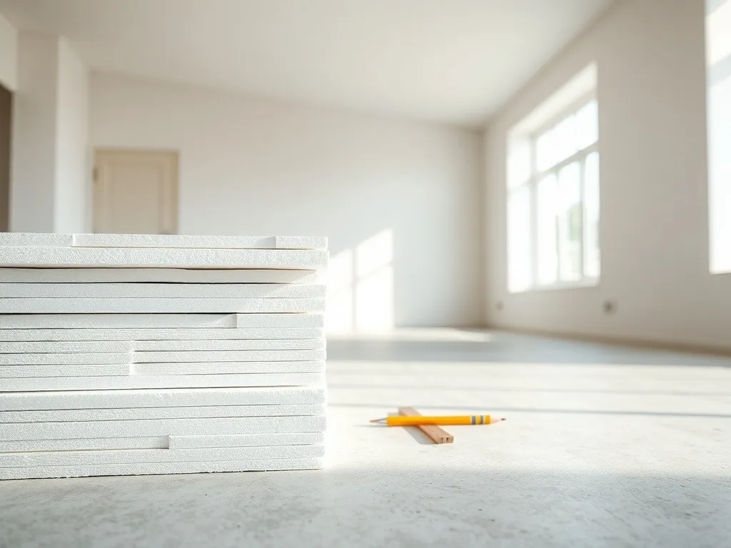 Stos styropianowych płyt podłogowych na betonowej wylewce, obok miarka i ołówek, jasne pomieszczenie w remoncie.