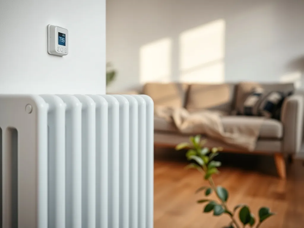 Nowoczesny salon z białym grzejnikiem gazowym i termostatem, podkreślający ciepło i koszty domowego ogrzewania gazem.