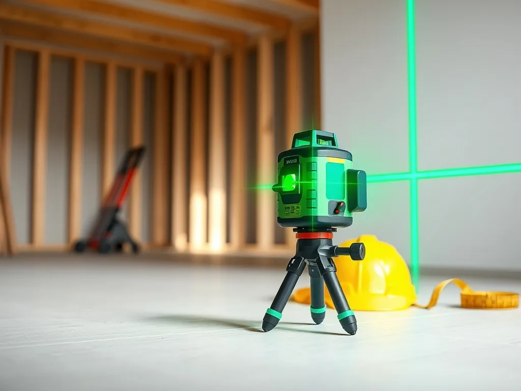 Zielony laser krzyżowy na statywie wyznacza linie na ścianie i podłodze obok kasku i miarki w remontowanym wnętrzu