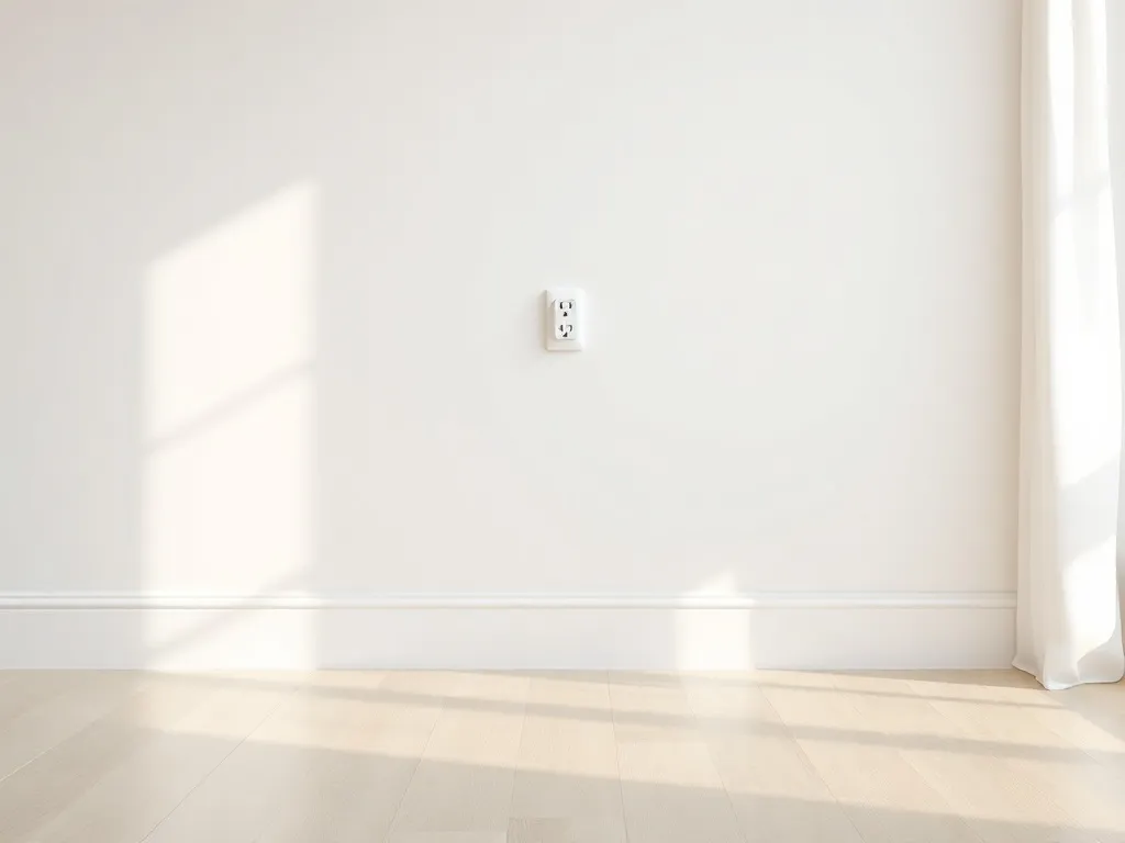 Nowoczesny salon z gniazdkiem elektrycznym zamontowanym na wygodnej wysokości nad jasną, drewnianą podłogą.
